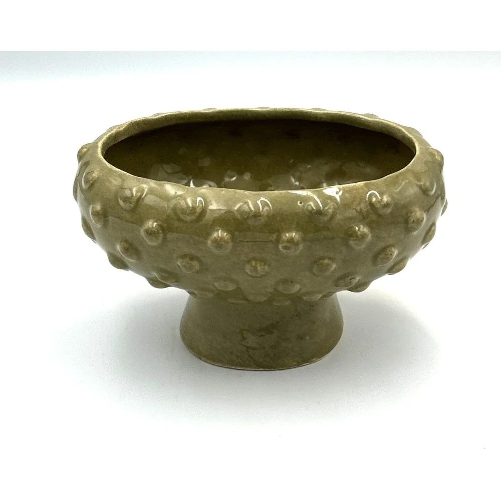 Vintage Hobnail Pedestal Planter Green Glaze Ikebana Succulents MCM Retro